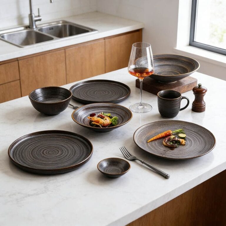 Dark Brown Swirl Matte Glaze Ceramic Tableware Set