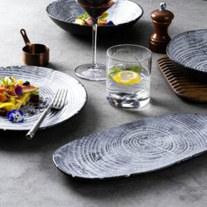 Wood-Grain Growth Ring Ceramic Dinner Plate Set