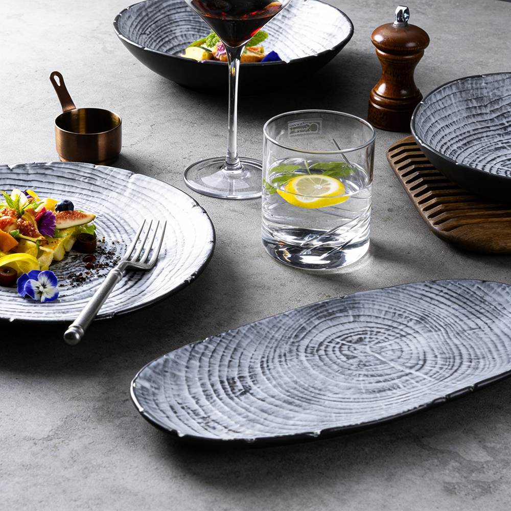 Wood-Grain Growth Ring Ceramic Dinner Plate Set