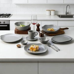 Premium Matte Gray Ceramic Tableware Set - Irregular Soft-Edge