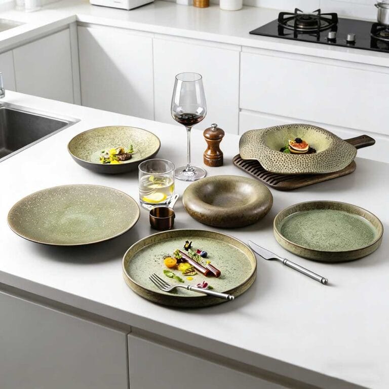 Moss-Green Speckled Stoneware Tableware Set