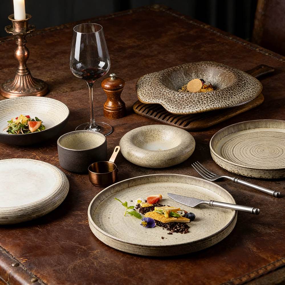 Reto Wabi-Sabi Style Beige Gray Multi Texture Stoneware Dinnerware Set