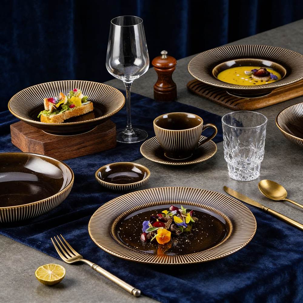 Dark Brown Gilded Vertical Texture High-Temperature Kiiln Change Ceramic Tableware Set