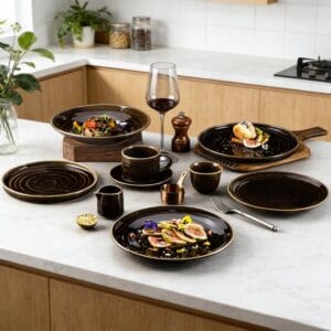 Dark Brown Swirl Color-Block Glaze Ceramic Dinnerware Set