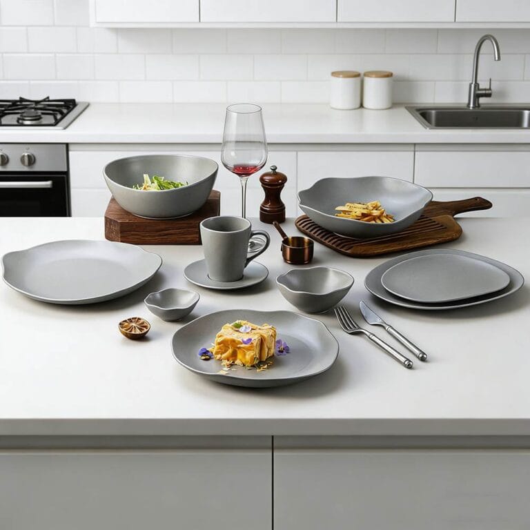 Premium Matte Gray Ceramic Tableware Set - Irregular Soft-Edge