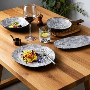 Wood-Grain Growth Ring Ceramic Dinner Plate Set