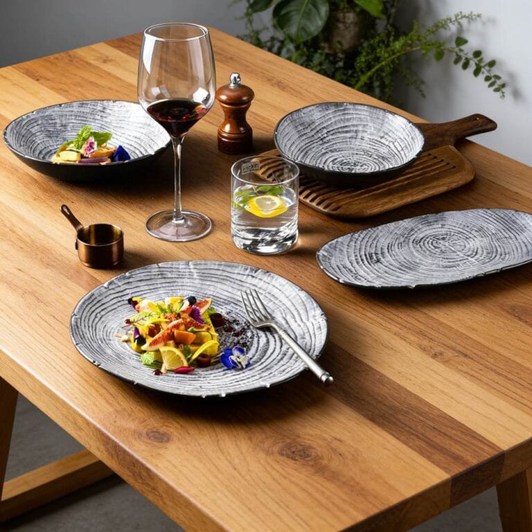 Wood-Grain Growth Ring Ceramic Dinner Plate Set
