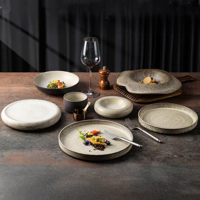 Reto Wabi-Sabi Style Beige Gray Multi Texture Stoneware Dinnerware Set