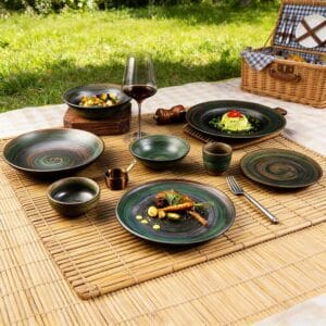 Dark Green Swirl Kiln-Change Glaze Ceramic Dinnering Plate Set