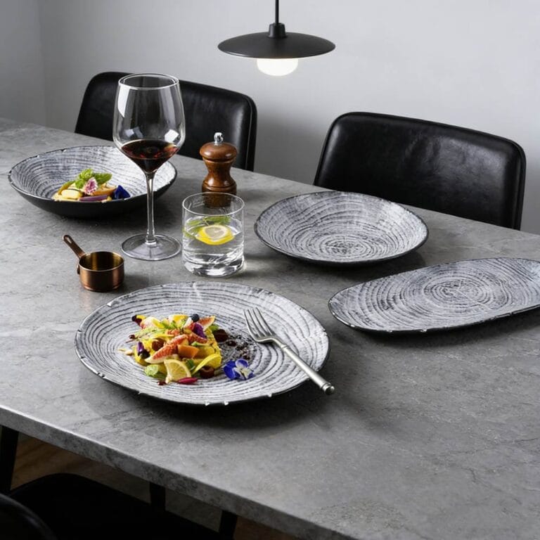 Wood-Grain Growth Ring Ceramic Dinner Plate Set