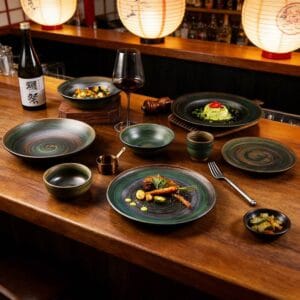 Dark Green Swirl Kiln-Change Glaze Ceramic Dinnering Plate Set
