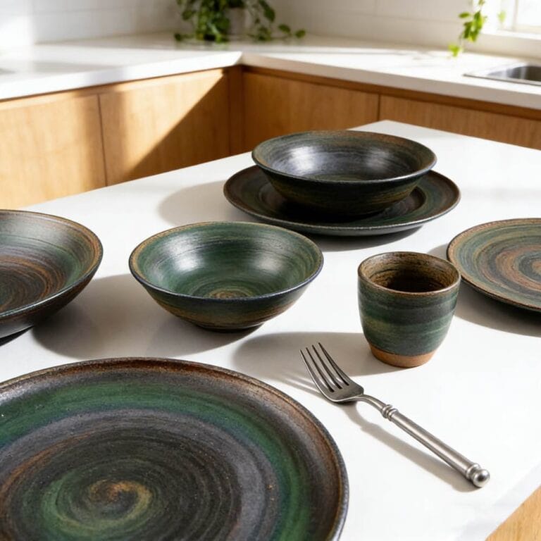 Dark Green Swirl Kiln-Change Glaze Ceramic Dinnering Plate Set