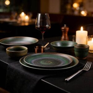 Dark Green Swirl Kiln-Change Glaze Ceramic Dinnering Plate Set