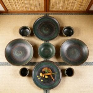 Dark Green Swirl Kiln-Change Glaze Ceramic Dinnering Plate Set