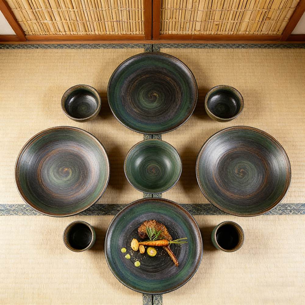 Dark Green Swirl Kiln-Change Glaze Ceramic Dinnering Plate Set