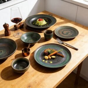 Dark Green Swirl Kiln-Change Glaze Ceramic Dinnering Plate Set