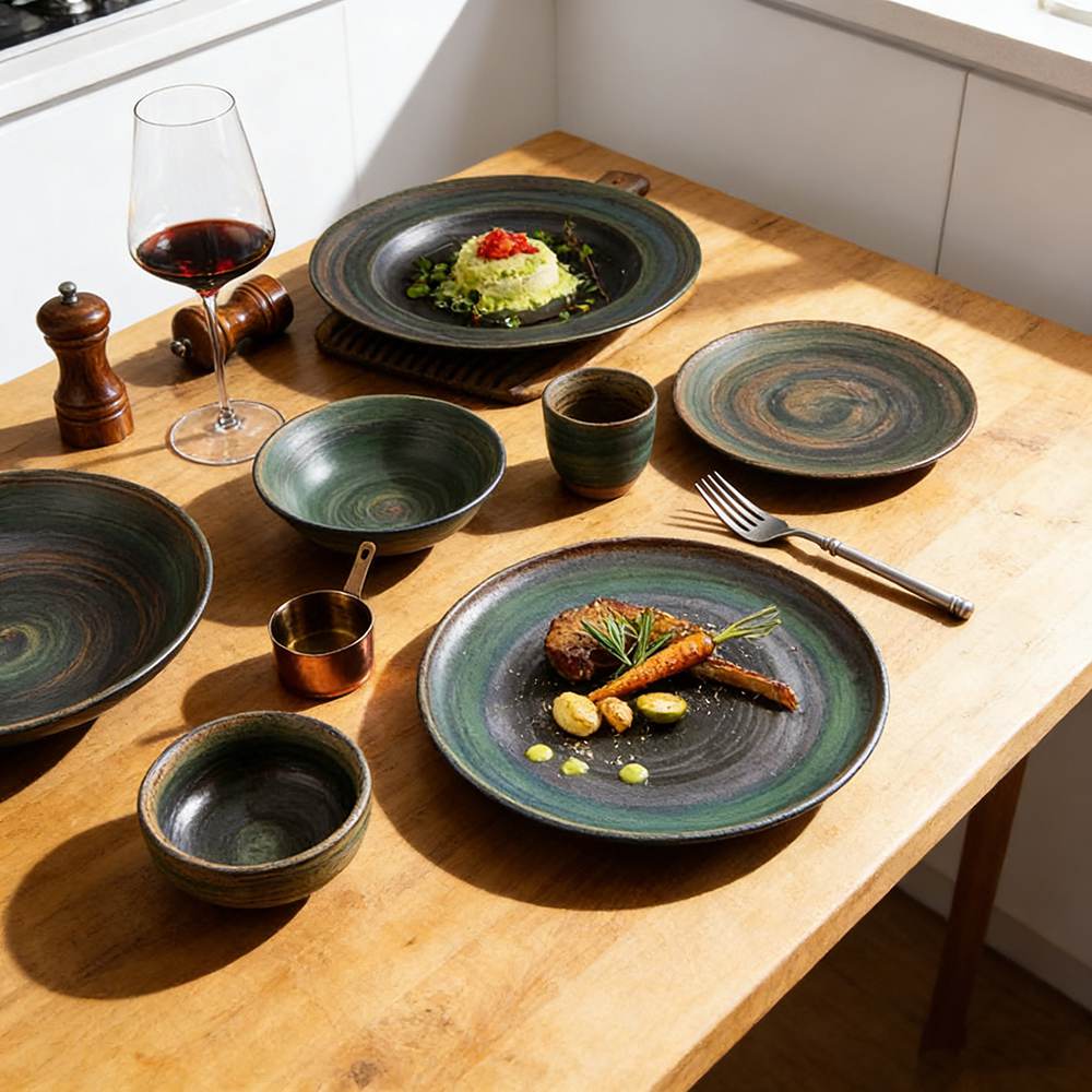 Dark Green Swirl Kiln-Change Glaze Ceramic Dinnering Plate Set