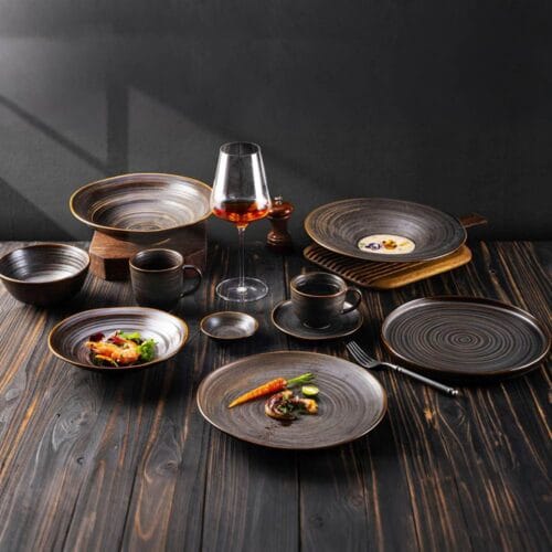 Dark Brown Swirl Matte Glaze Ceramic Tableware Set