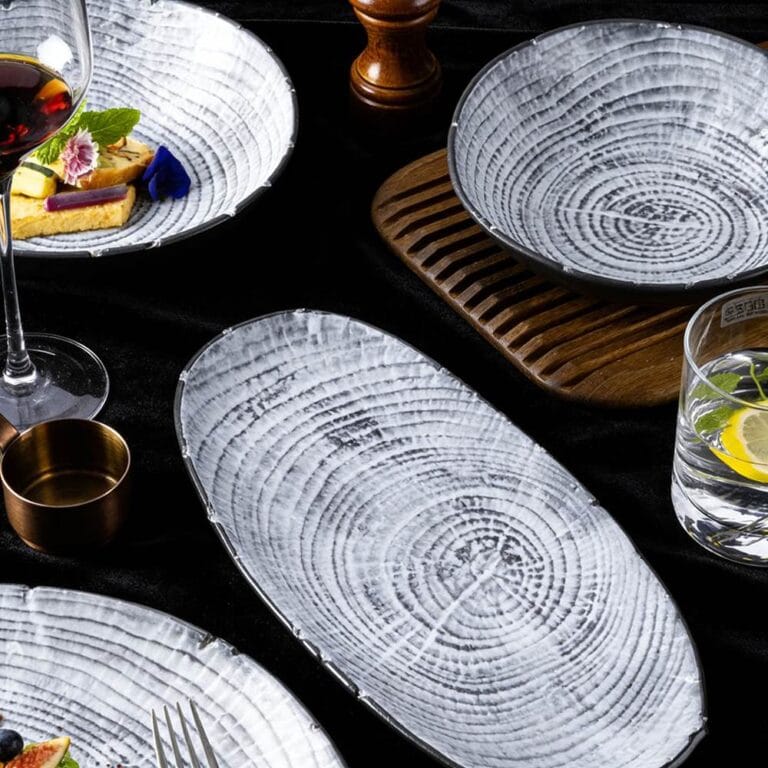 Wood-Grain Growth Ring Ceramic Dinner Plate Set