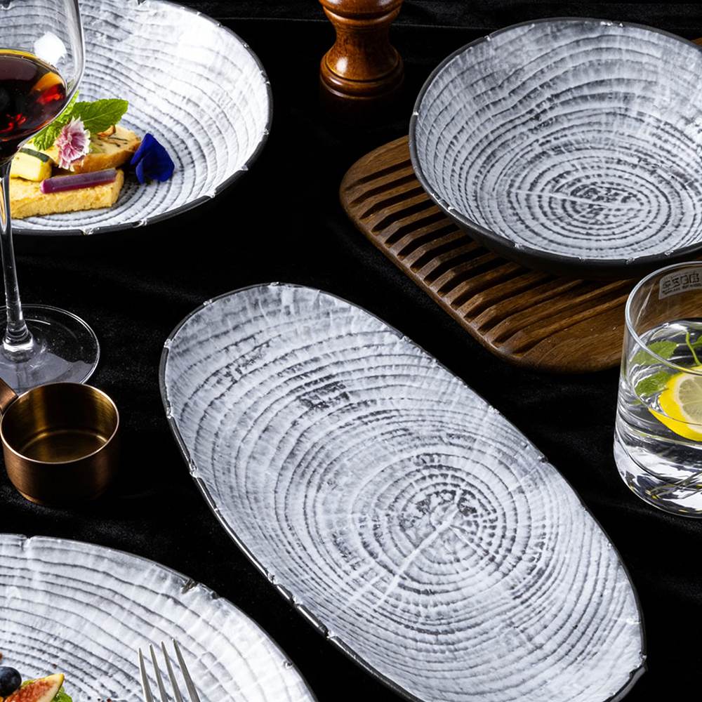 Wood-Grain Growth Ring Ceramic Dinner Plate Set