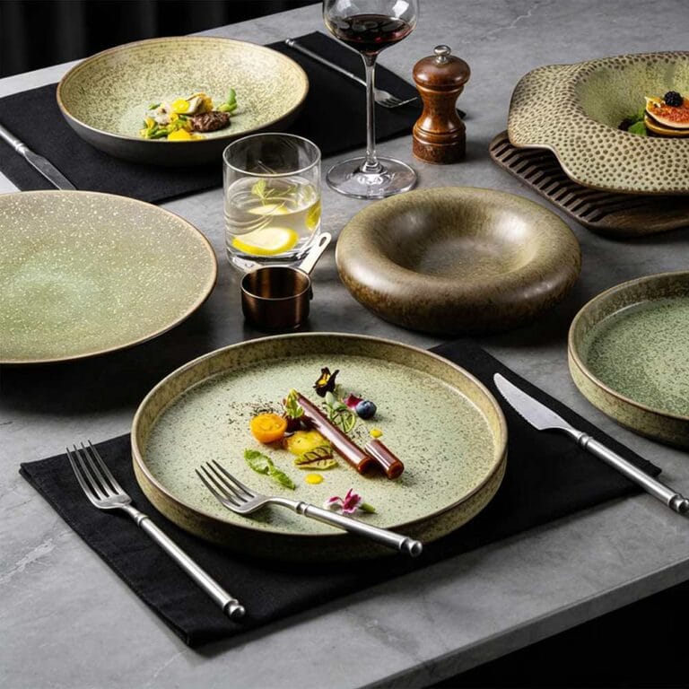 Moss-Green Speckled Stoneware Tableware Set