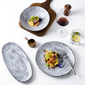 Wood-Grain Growth Ring Ceramic Dinner Plate Set