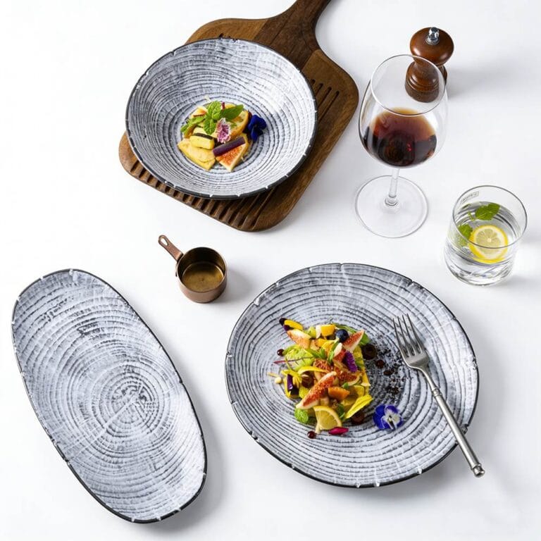 Wood-Grain Growth Ring Ceramic Dinner Plate Set