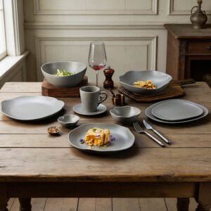 Premium Matte Gray Ceramic Tableware Set - Irregular Soft-Edge