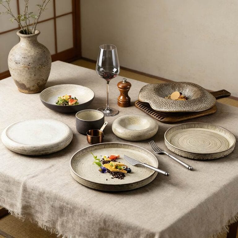 Reto Wabi-Sabi Style Beige Gray Multi Texture Stoneware Dinnerware Set