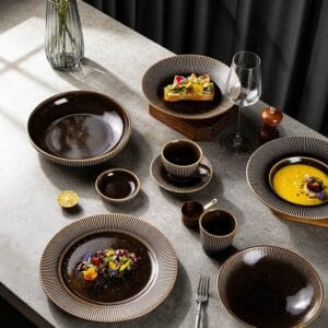 Dark Brown Gilded Vertical Texture High-Temperature Kiiln Change Ceramic Tableware Set