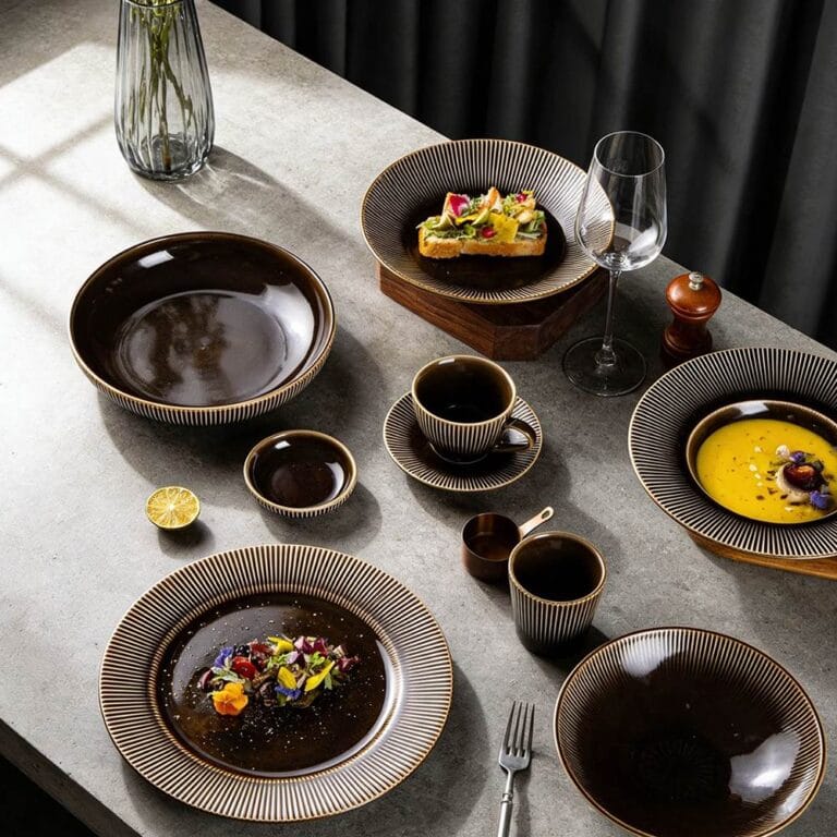 Dark Brown Gilded Vertical Texture High-Temperature Kiiln Change Ceramic Tableware Set