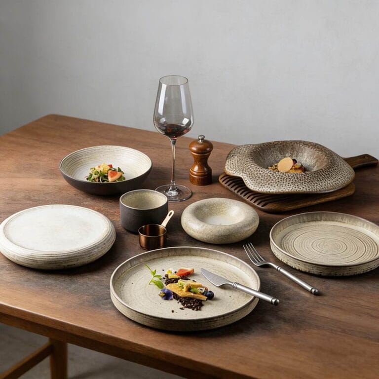 Reto Wabi-Sabi Style Beige Gray Multi Texture Stoneware Dinnerware Set