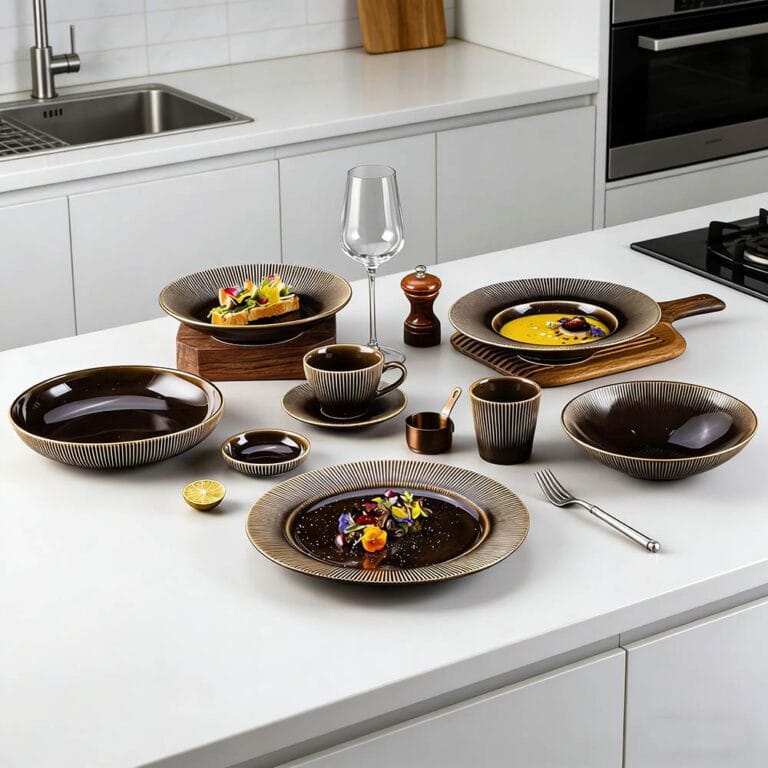 Dark Brown Gilded Vertical Texture High-Temperature Kiiln Change Ceramic Tableware Set