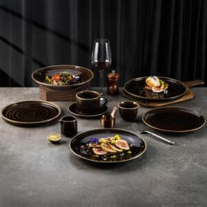Dark Brown Swirl Color-Block Glaze Ceramic Dinnerware Set