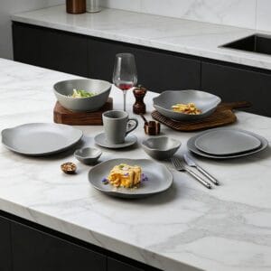 Premium Matte Gray Ceramic Tableware Set - Irregular Soft-Edge