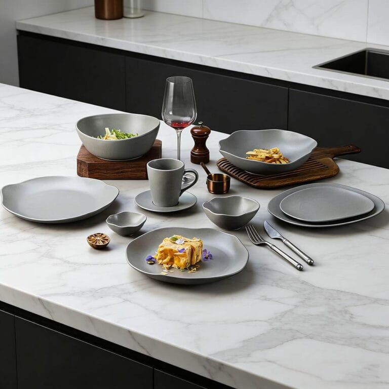 Premium Matte Gray Ceramic Tableware Set - Irregular Soft-Edge