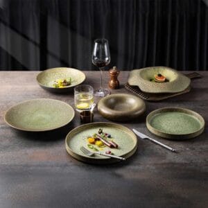 Moss-Green Speckled Stoneware Tableware Set