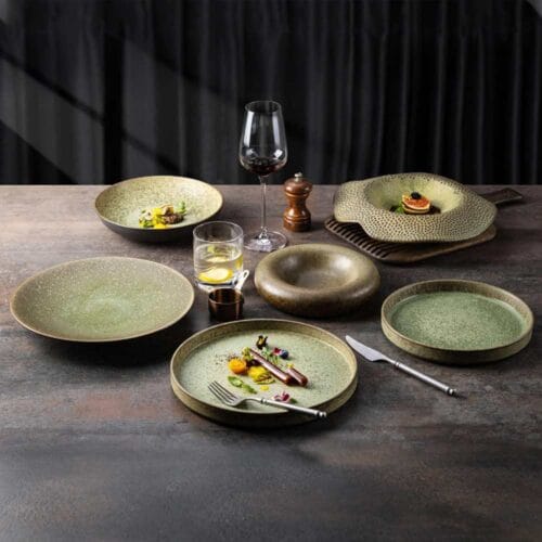 Moss-Green Speckled Stoneware Tableware Set