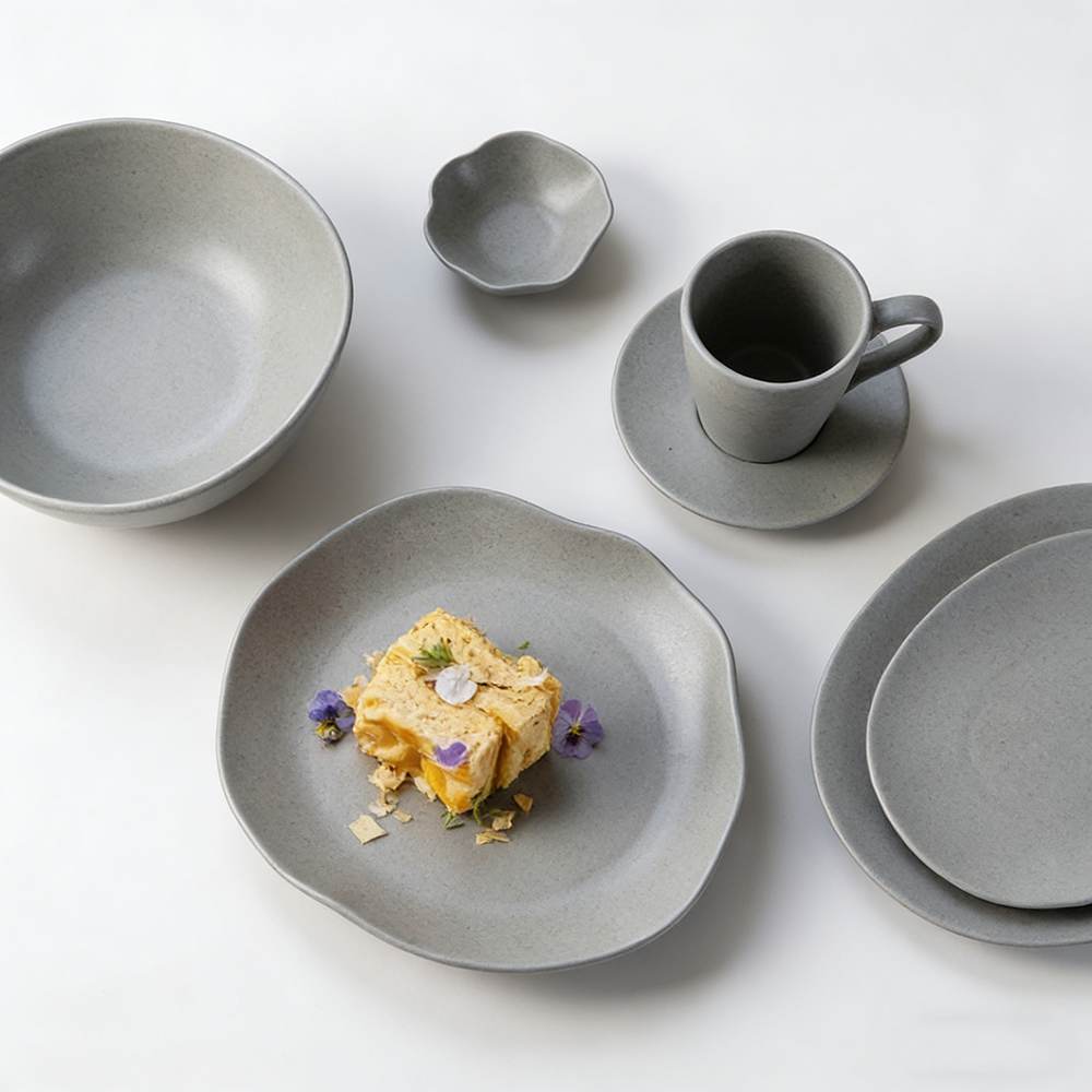 Premium Matte Gray Ceramic Tableware Set - Irregular Soft-Edge