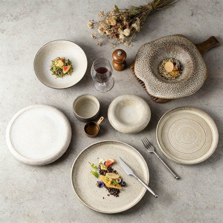 Reto Wabi-Sabi Style Beige Gray Multi Texture Stoneware Dinnerware Set