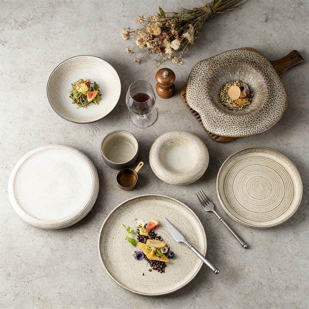 Reto Wabi-Sabi Style Beige Gray Multi Texture Stoneware Dinnerware Set