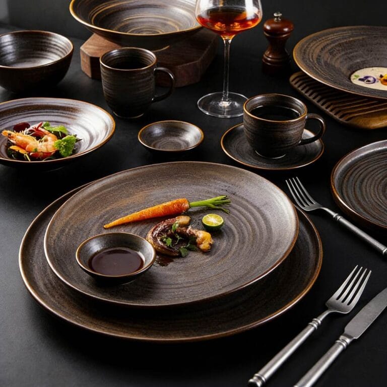 Dark Brown Swirl Matte Glaze Ceramic Tableware Set