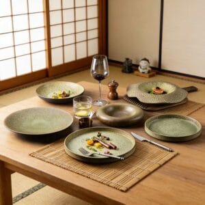 Moss-Green Speckled Stoneware Tableware Set