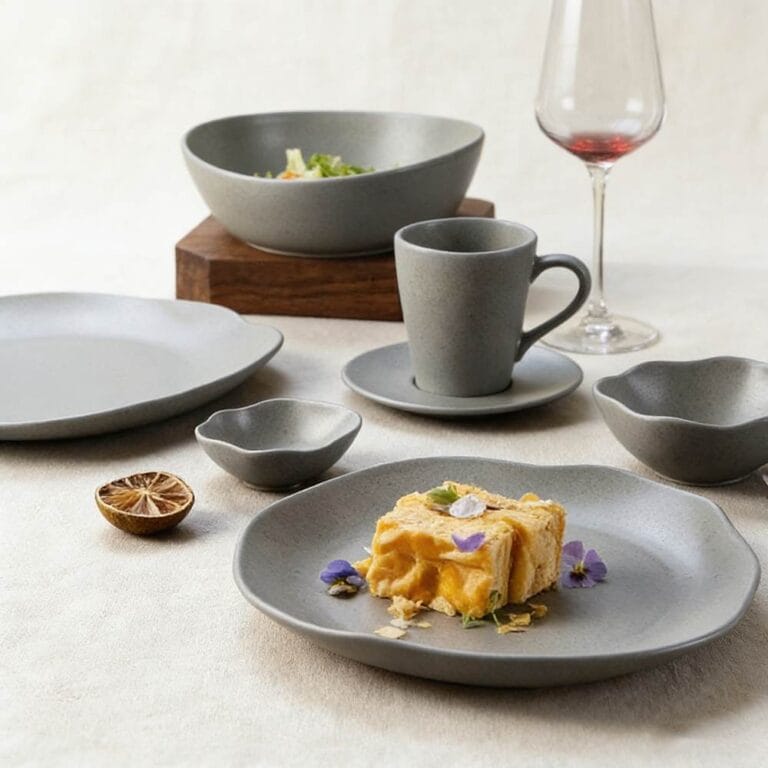 Premium Matte Gray Ceramic Tableware Set - Irregular Soft-Edge