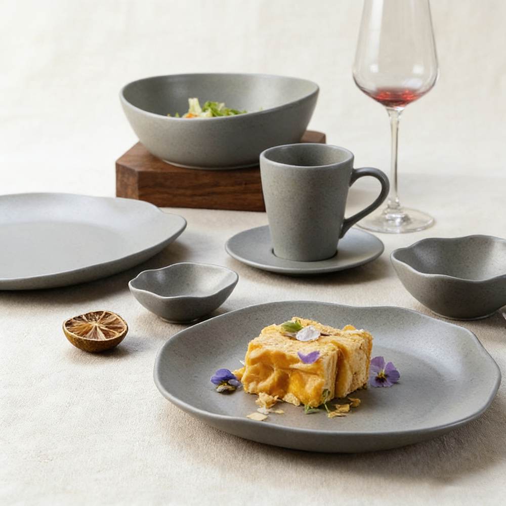 Premium Matte Gray Ceramic Tableware Set - Irregular Soft-Edge