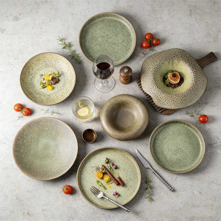 Moss-Green Speckled Stoneware Tableware Set