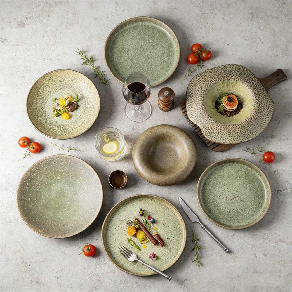 Moss-Green Speckled Stoneware Tableware Set