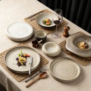 Reto Wabi-Sabi Style Beige Gray Multi Texture Stoneware Dinnerware Set