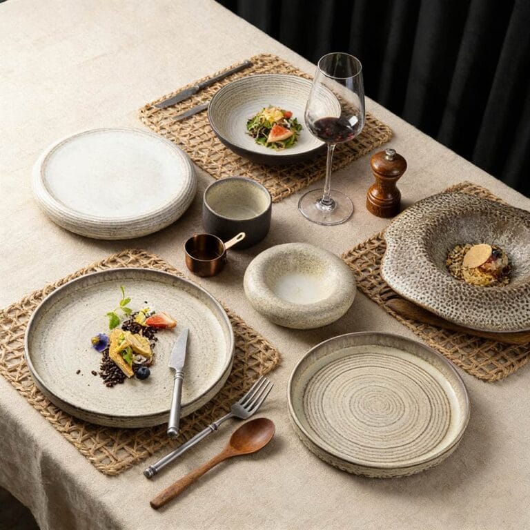 Reto Wabi-Sabi Style Beige Gray Multi Texture Stoneware Dinnerware Set