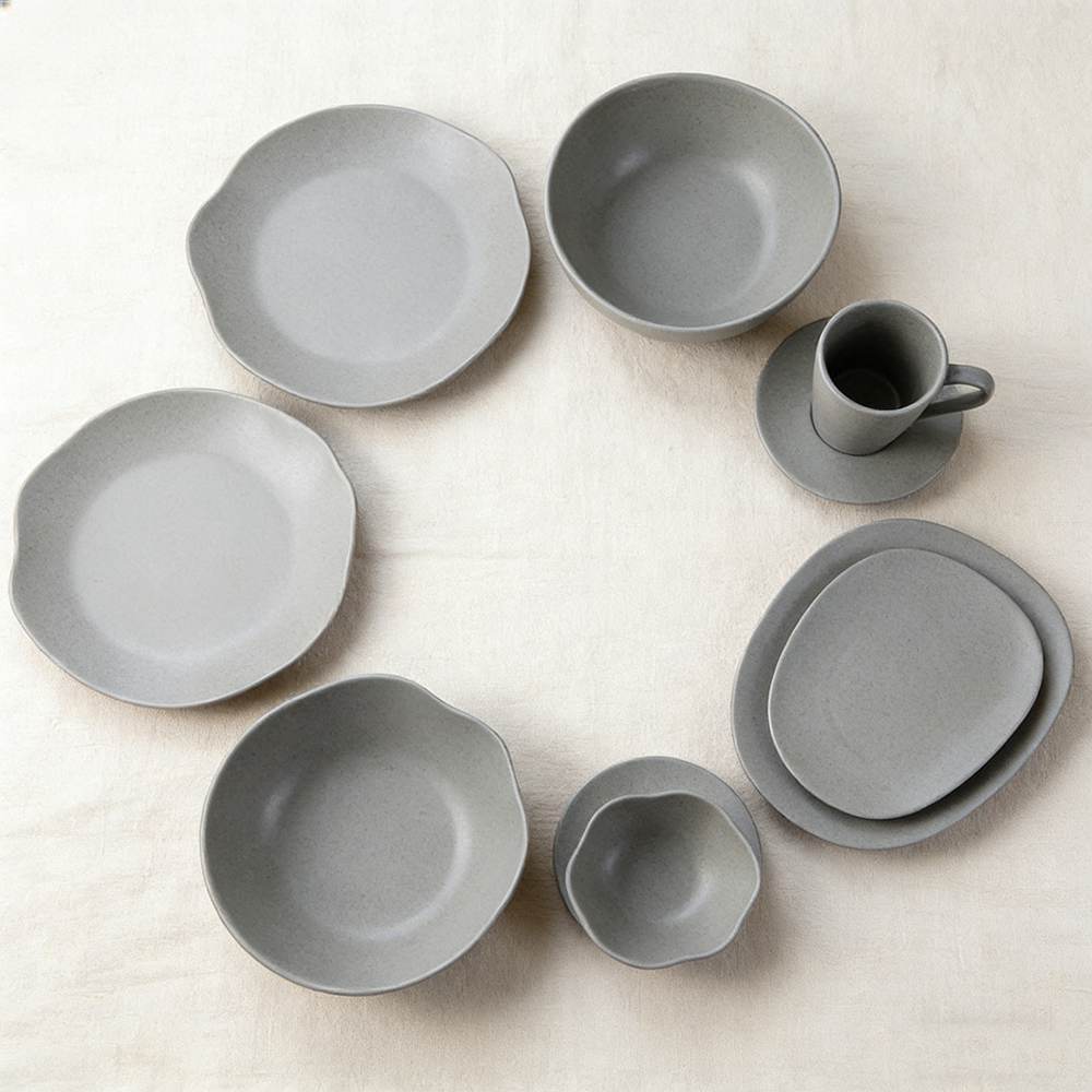 Premium Matte Gray Ceramic Tableware Set - Irregular Soft-Edge